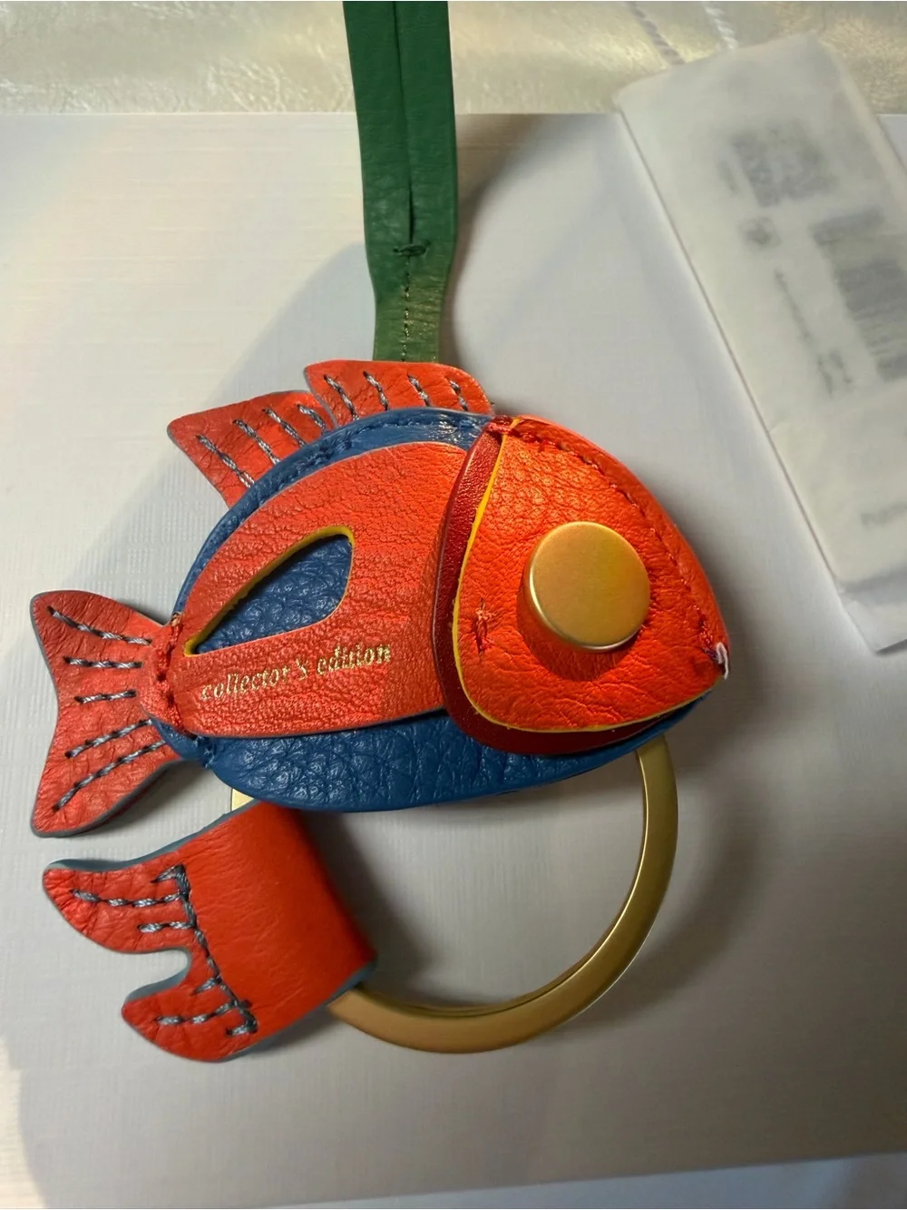 Hammitt Red-Orange & Blue Leather Fish Keyring with Green Strap